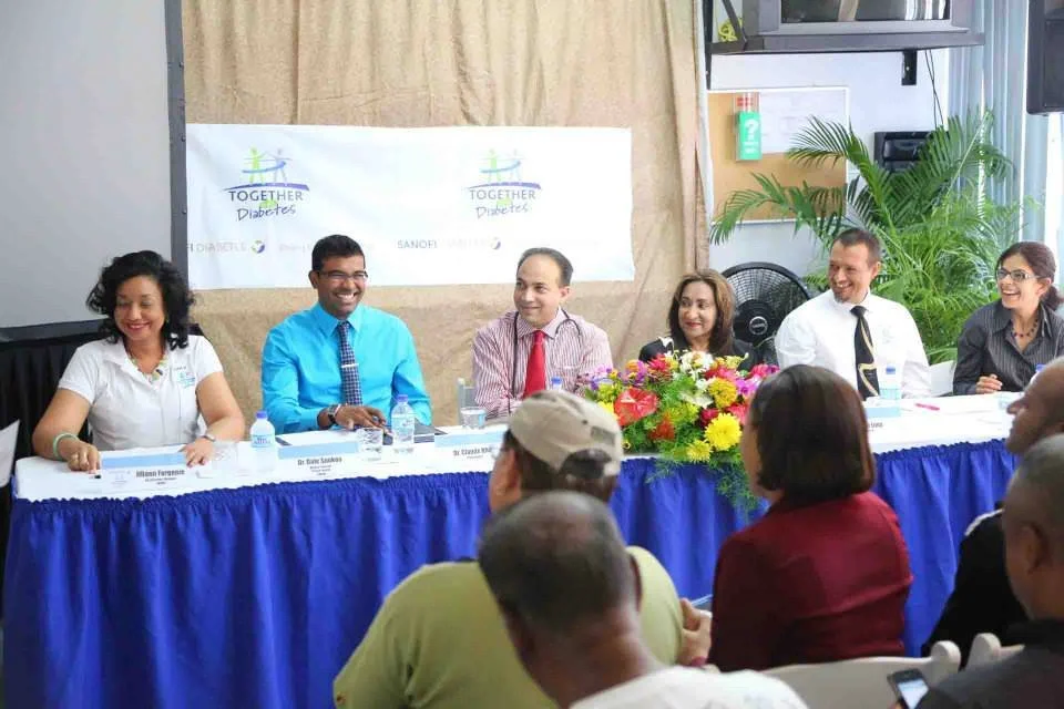 Expert panel at the SANOFI Diabetes Educational Outreach Programme ‘Treat Your Feet, Save Your Sight” held at the Couva Health Facility. From the left Jillann Forgenie, Key Accounts Manager, SANOFI; Dr. Dale Sookoo, Medical Director, Primary Health SWRHA; Dr. Claude Khan, Community Diabetologist; Ann Lima, Podiatrist; Curt Bowman, District Sales Manager, SANOFI; and Rashmi Mathur, Optometrist