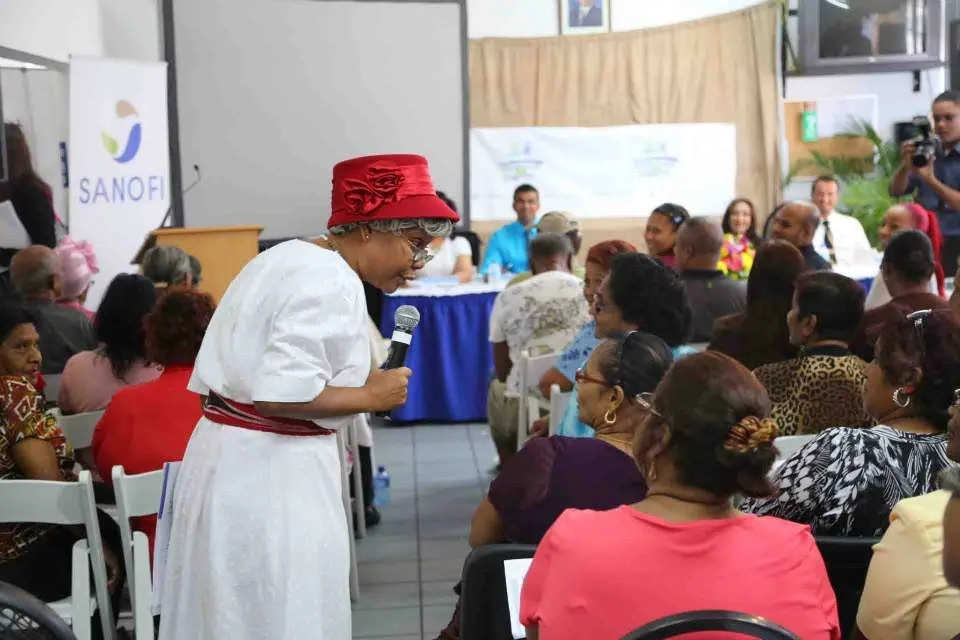 Local entertainer Nikki Crosby as “Granny” hosting the SANOFI “Treat Your Feet, Save Your Sight” Diabetes Educational Outreach Workshop at the Couva Health Facility