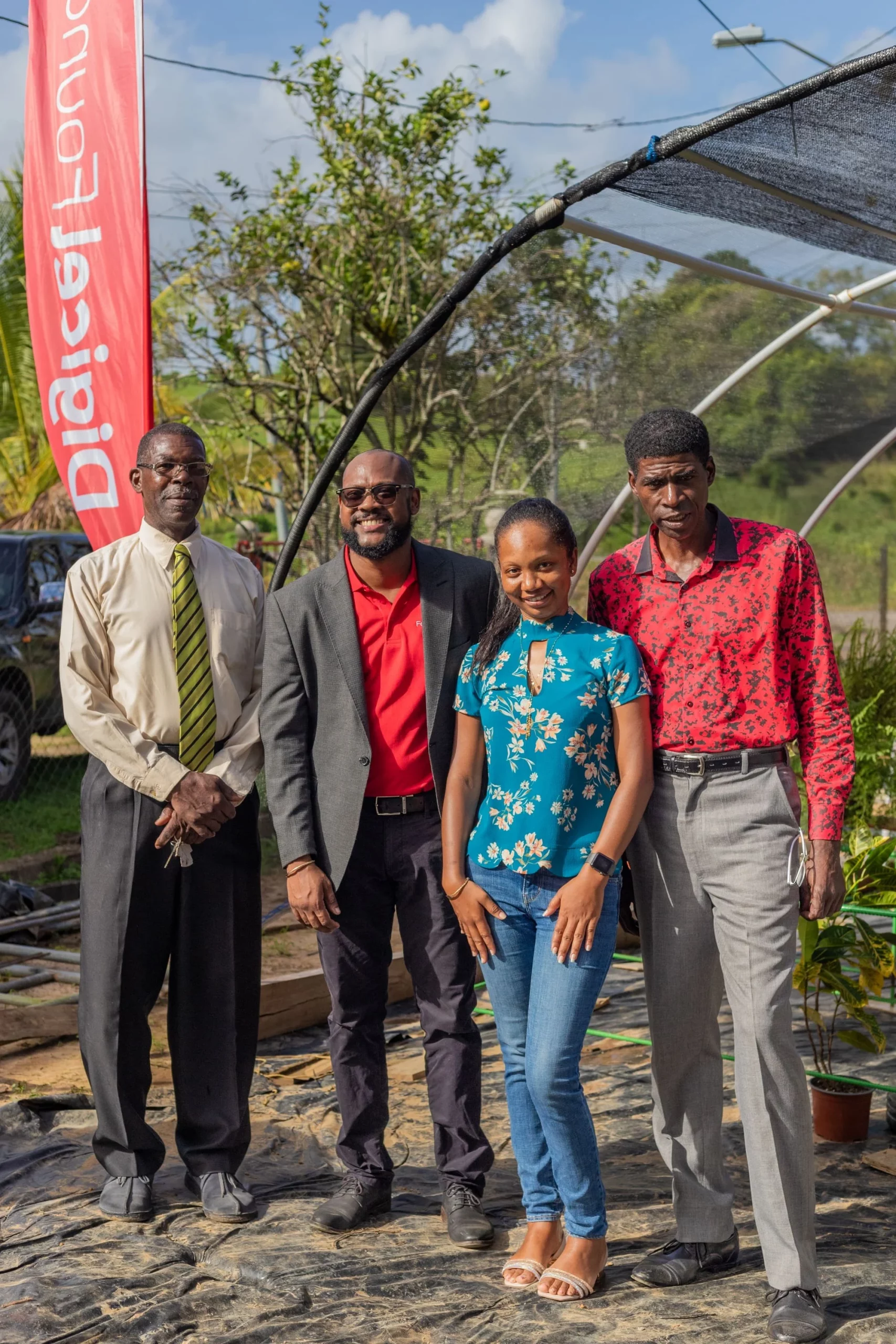 (L-R) The Moruga 2050 Association for Sustainability Vice President- Mr James Williams , Digicel Foundation Board Member – Jerren Lewis, The Moruga 2050 Association for Sustainability Secretary - Kerneil Mitchell, The Moruga 2050 Association for Sustainability President- Mr. Francis Paul stand for a photo op during the launch of the group’s project on Jan 7th.