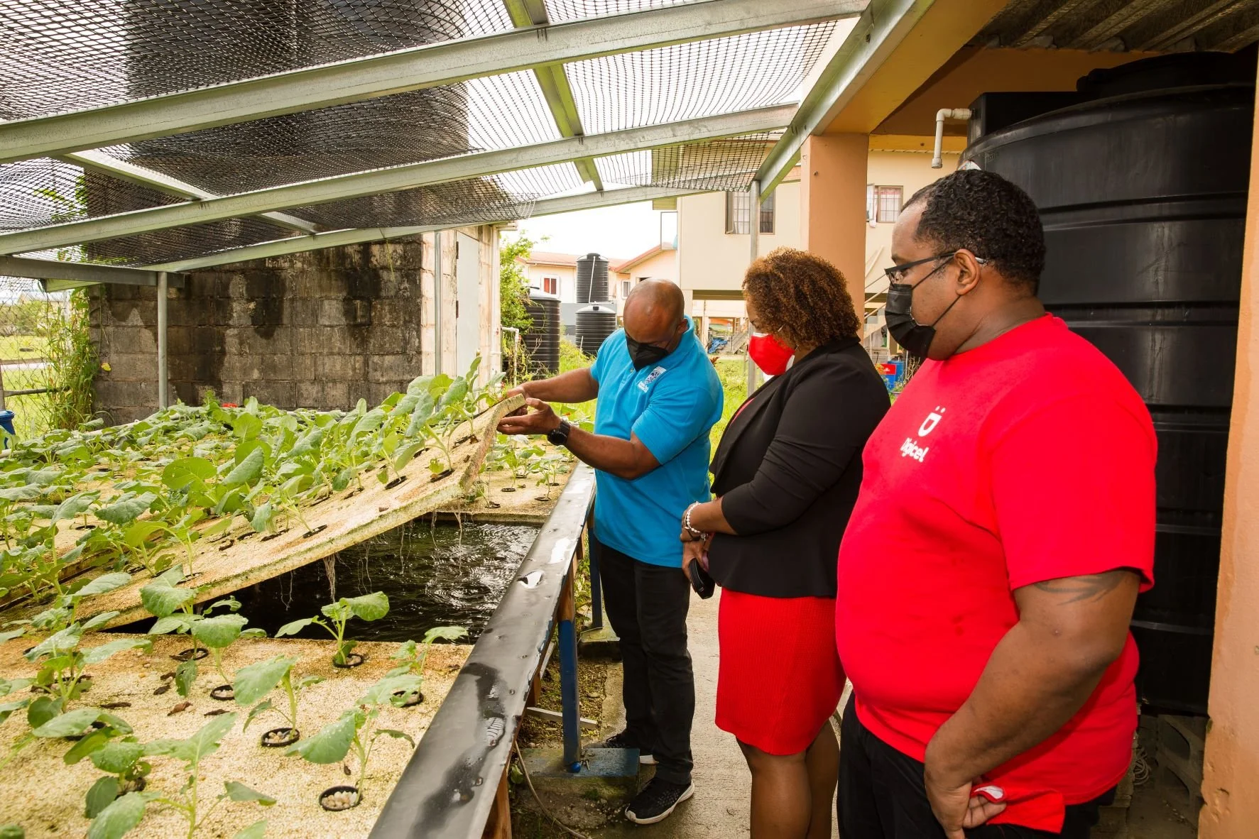 (L-R) Digicel Senior VAS and billing Engineer, Mr. John Ramirez and Digicel Foundation Director, La Toya Gopaul looks on as Norman Sorzano - Greenvale Park Police Youth Club President give an in-depth look into the project.