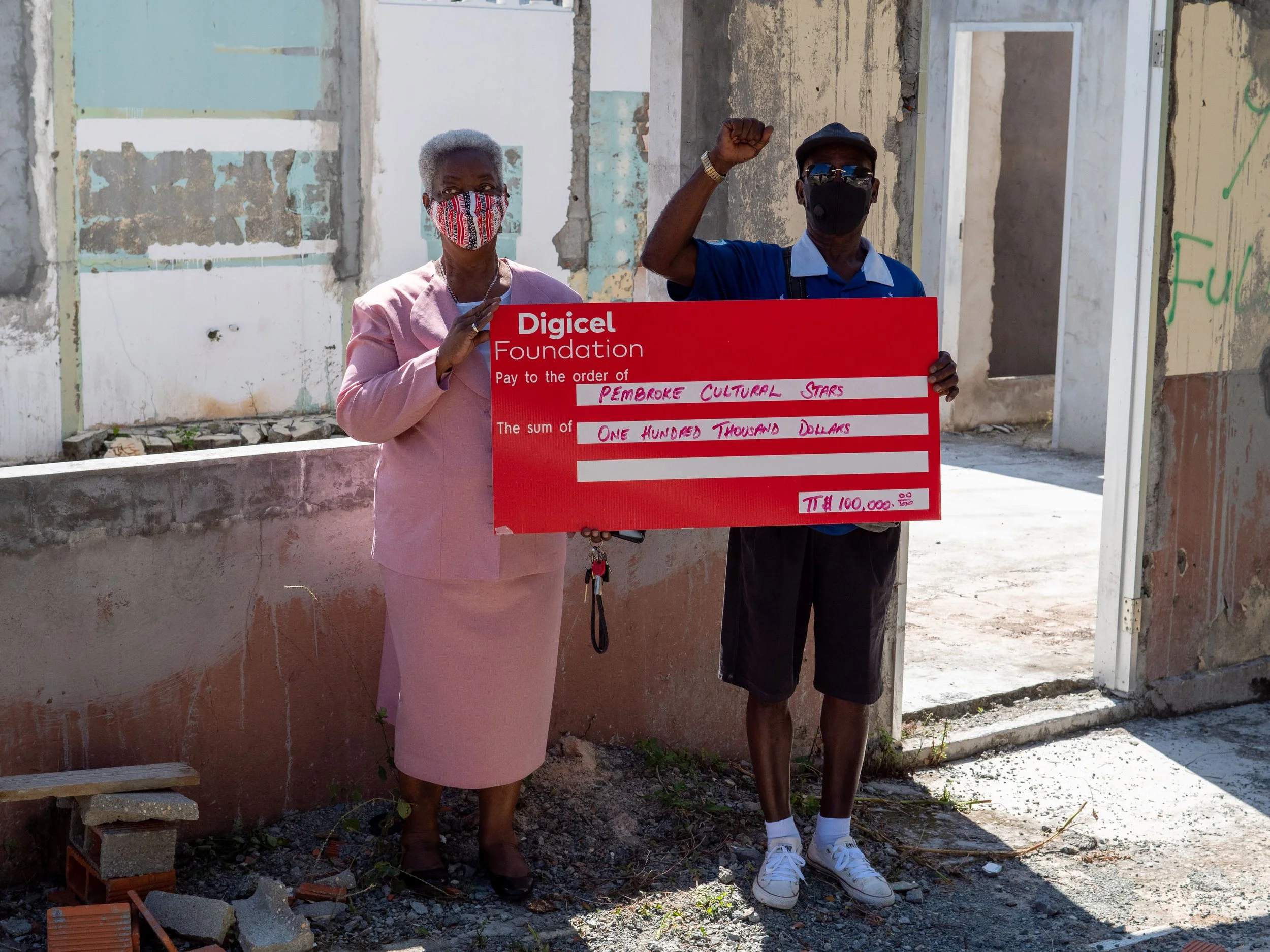 Carmen Charles, Secretary and John Davis, PRO of Pembroke Cultural Stars proudly display their cheque donation of TTD100,000 which they will use to conduct upgrades to their Senior Citizens’ Activity centre. They are standing in the space which was given to the group by the Tobago House of Assembly (THA) and will serve as a meeting space and club house for the members.