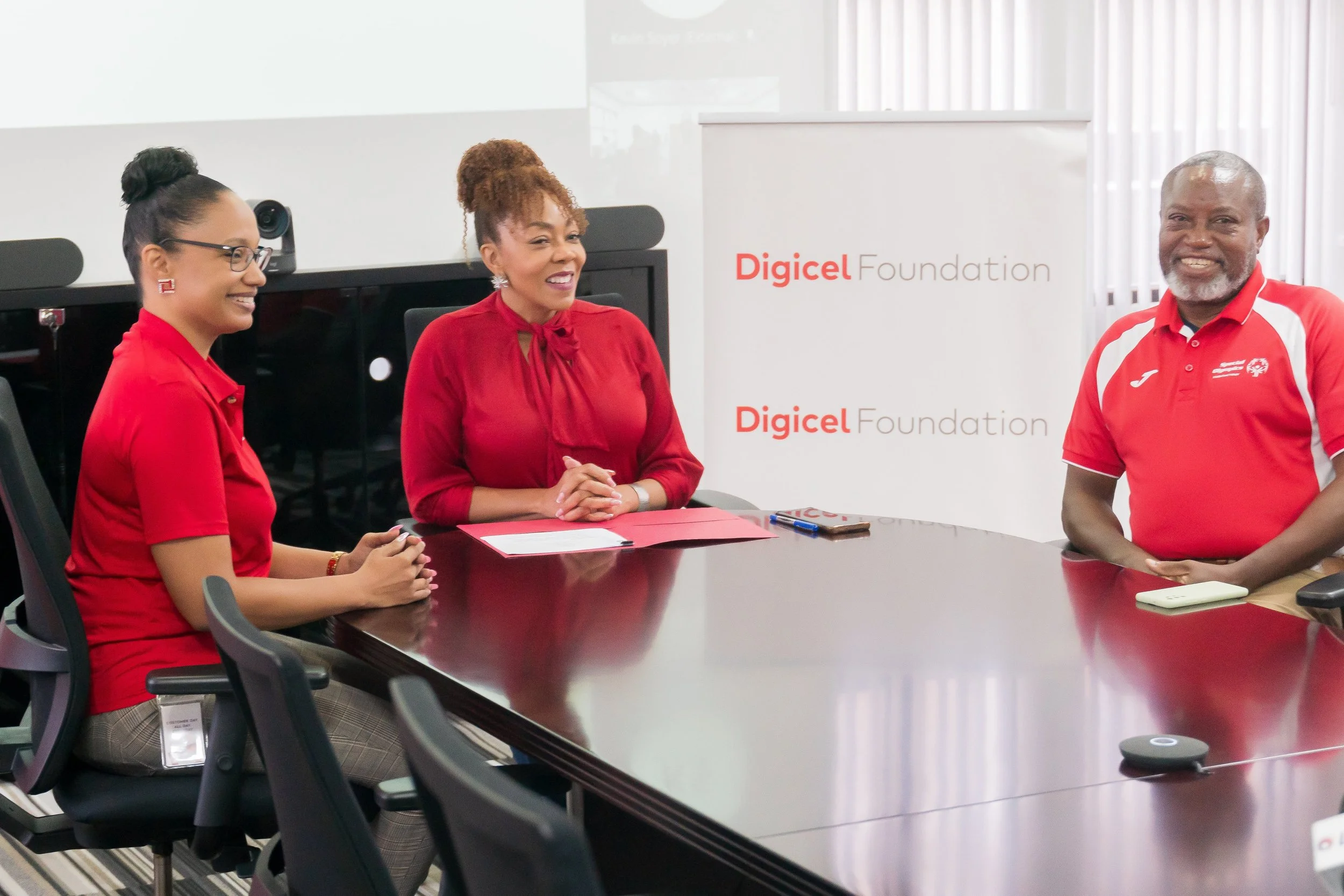  (L-R)  Romona Boisselle-Romano, Digicel Foundation Director,   Penny Gomez, Digicel Foundation CEO, and Ferdinand Bibby, Special Olympics Trinidad and Tobago National Director, at the Digicel (Trinidad and Tobago) headquarters on 1 May 2024.  