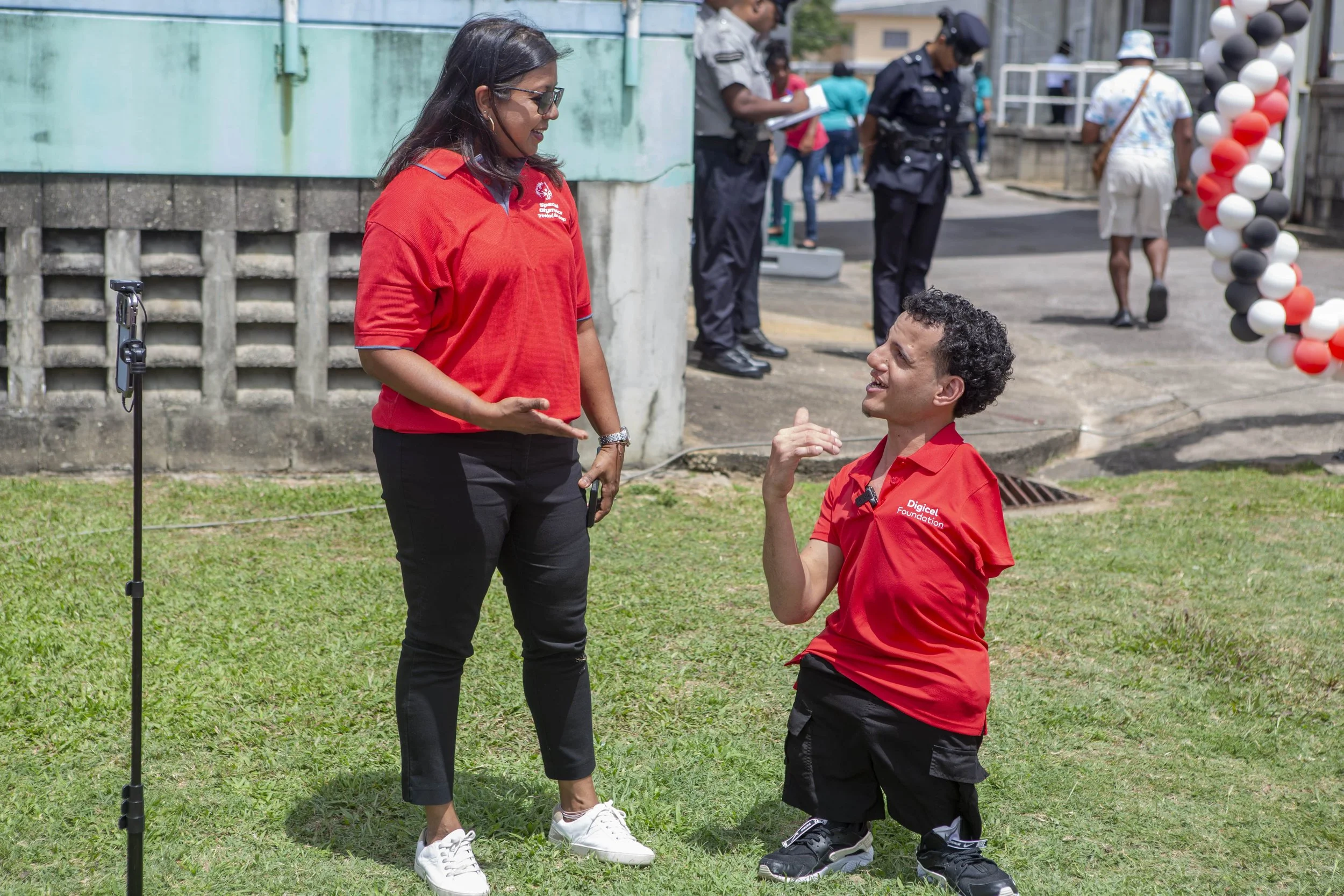 DJ Joe Brien and Digicel Foundation Chairman Desha Clifford at the Opening Ceremony of the 2024 SOTT National Games at Mannie Ramjohn Stadium on 4 May.