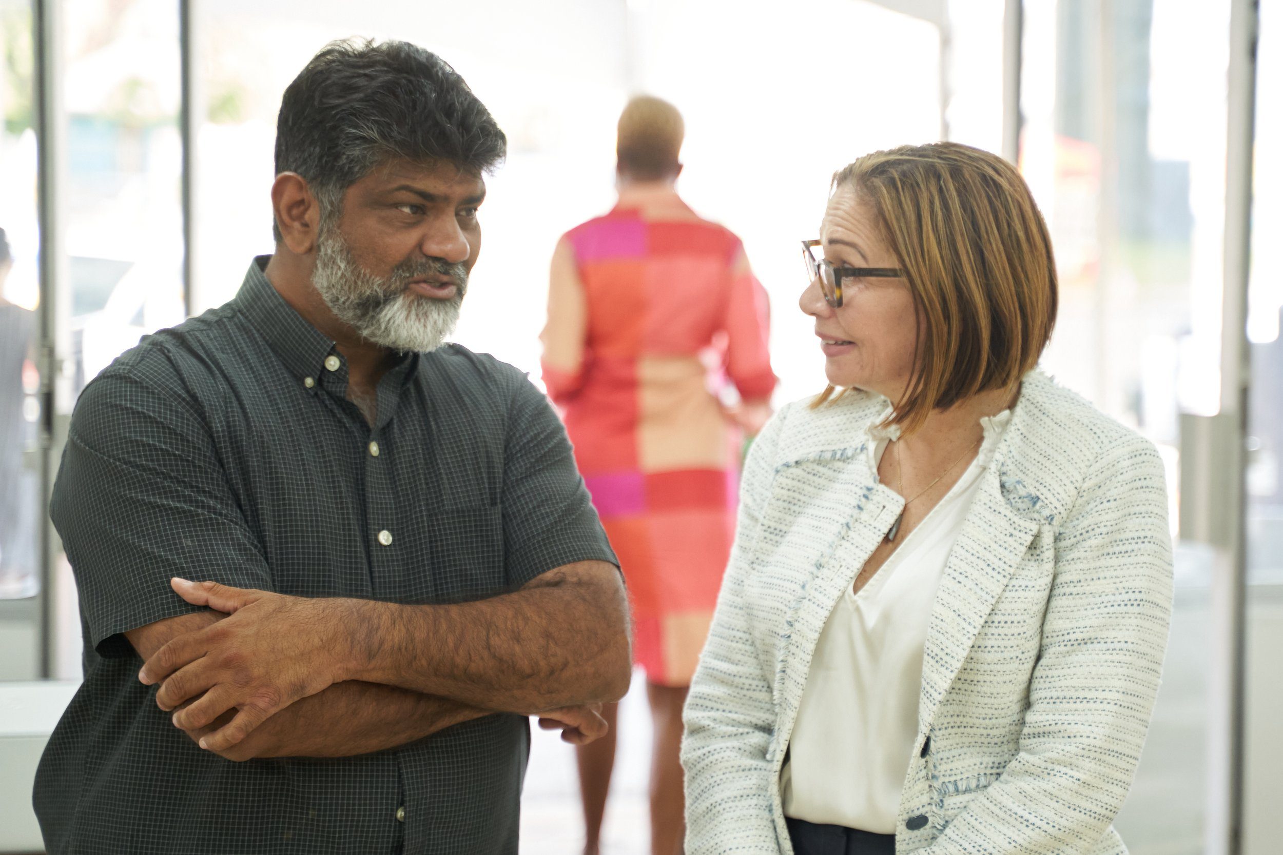 Director of Price Club Supermarket Shamshad Ali chats with CKFTO Vice-Chairman Sofia Figueroa-Leon at the CKFTO Chaguanas Clinic, Ramsaran Street, on 15 April.