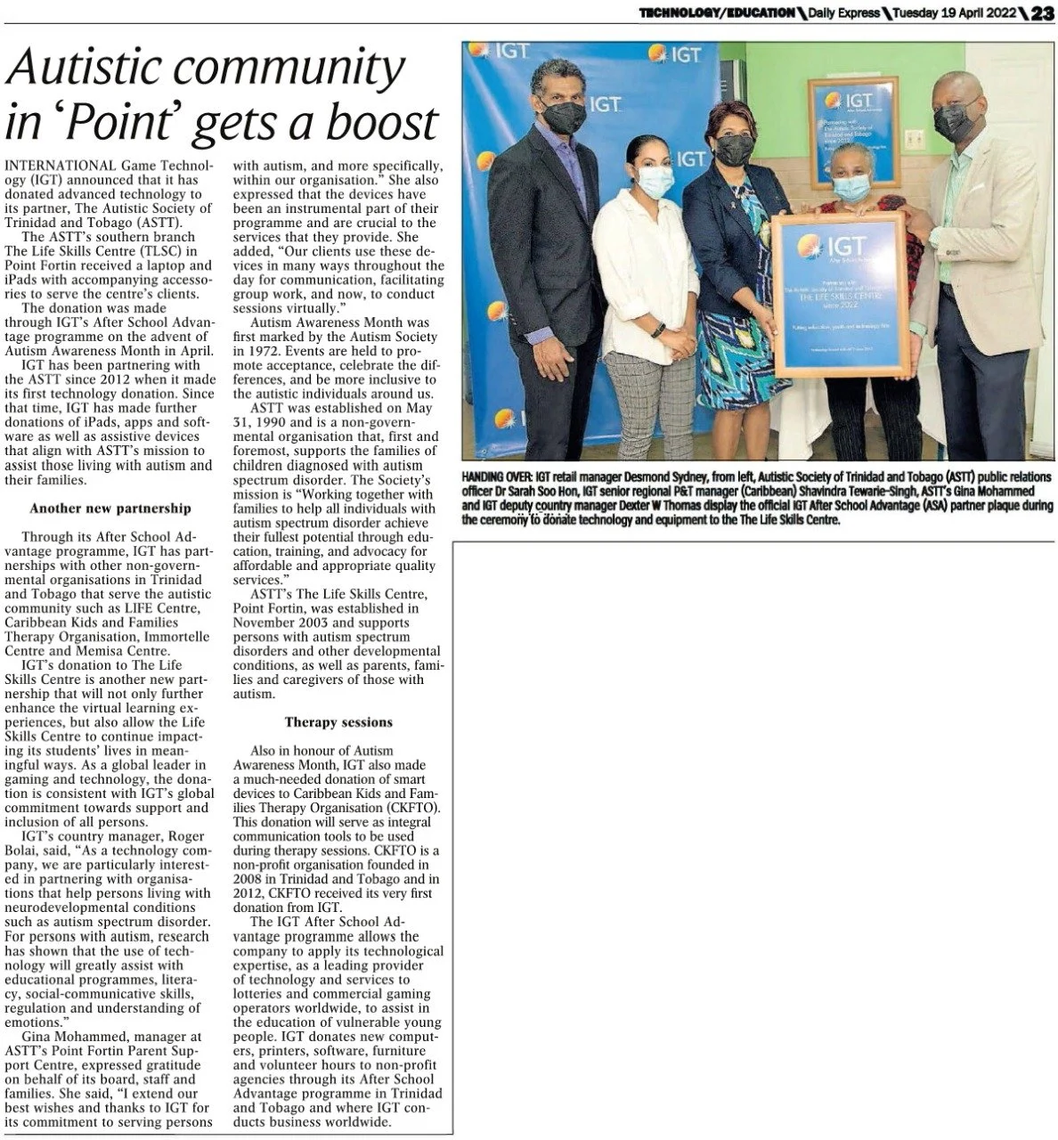 IGT HELPS AUTISTIC COMMUNITY IN POINT FORTIN