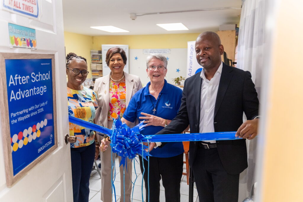 (L-R) Kathleen Pierre-Holder, Home Manager; Shavindra Tewarie-Singh, Brightstar People & Culture Regional Senior Manager, Caribbean; Jenni Jennings, Ministry Director, The Living Water Community; and Dexter W. Thomas, General Manager, Brightstar Trinidad and Tobago, at the official ribbon-cutting for the Brightstar After School Advantage computer lab at The Living Water Community’s Our Lady of the Wayside Children’s Home.