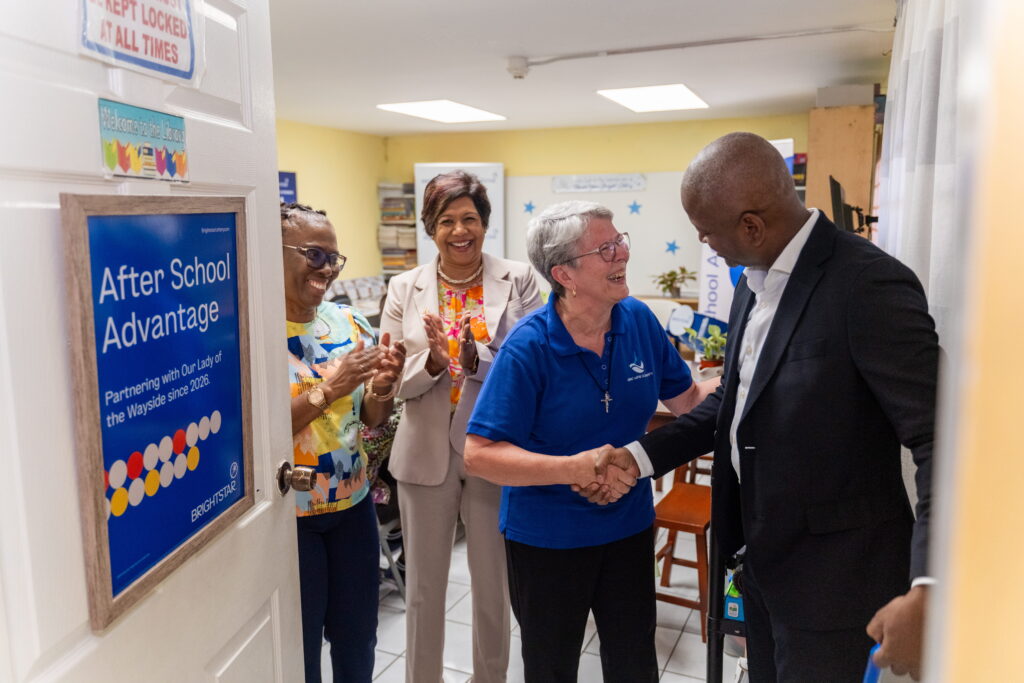 Jenni Jennings, Ministry Director, The Living Water Community, thanks Dexter W. Thomas, General Manager, Brightstar Trinidad and Tobago, for the new After School Advantage computer lab donated to The Living Water Community’s Our Lady of the Wayside Children’s Home. Also sharing the moment are Kathleen Pierre-Holder, Home Manager, and Shavindra Tewarie-Singh, Brightstar People & Culture Regional Senior Manager, Caribbean.